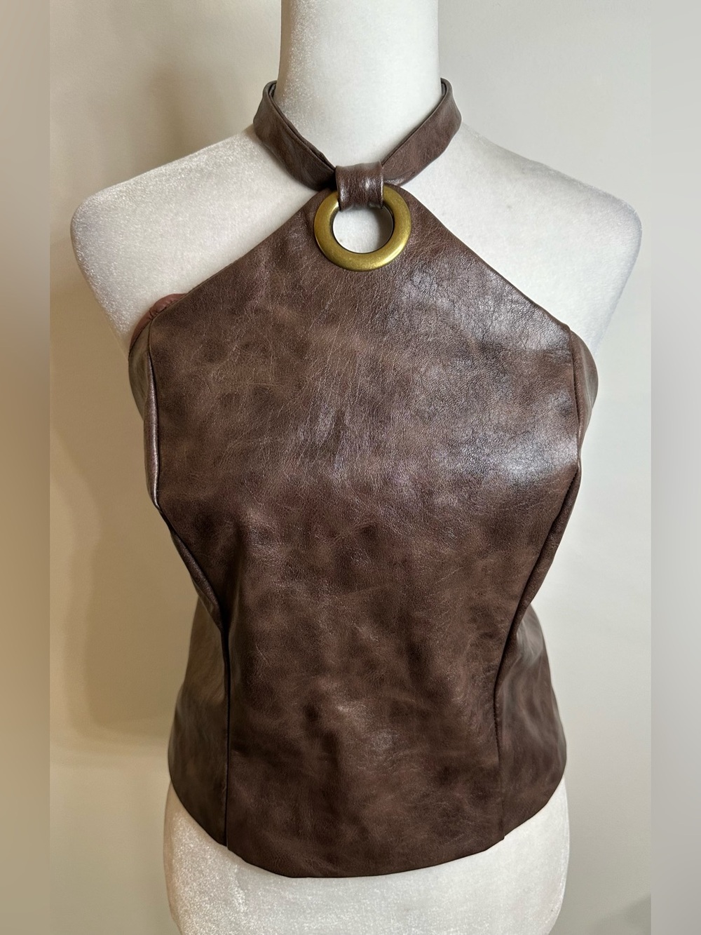 SHEIN Brown Faux Leather Halter Top with Brass Ring Accent - Size 6